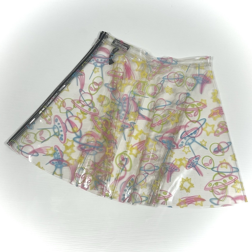 Horoscopez Alien Print Vinyl Skirt Large Neon Clear Zipper Grunge Y2K Rave *READ
